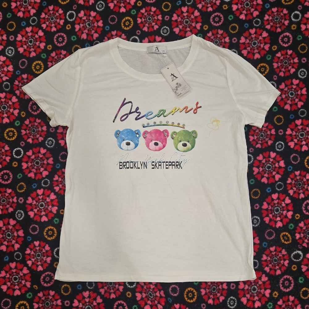 Womens A Brand White Dreams Teddy Bear Brooklyn Skatepark Graphic T Shirt S/M